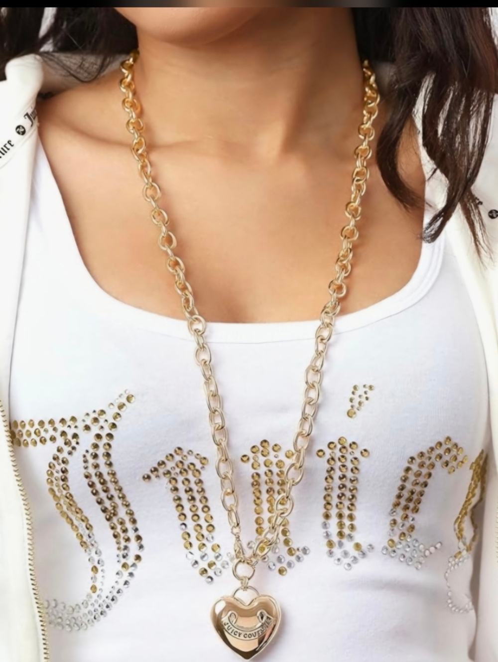 Juicy Couture Logo Heart Shaped Necklace Gold-Tone Heart Pendant 28" Chain Gift